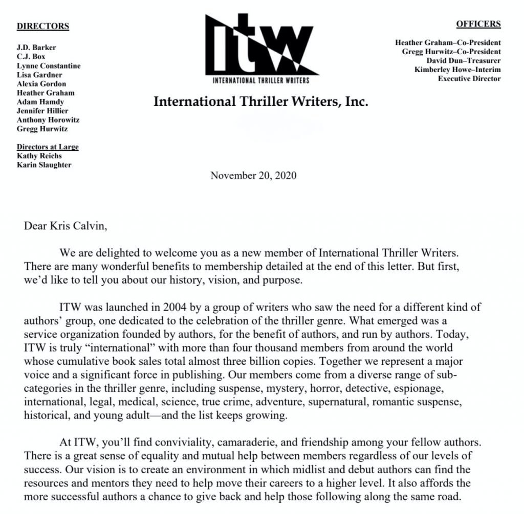 welcome letter as a new member of the International Thriller Writers (ITW) Association
