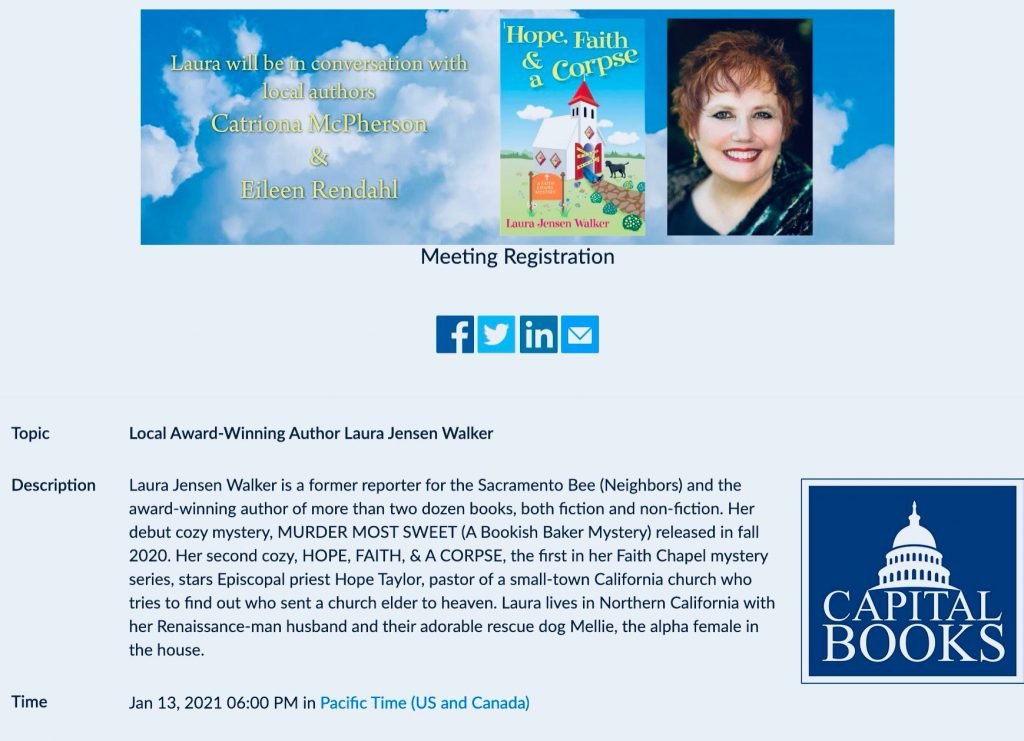 Cozy Author Laura Jensen Walker via “Capital Books on K” Virtual Launch of Hope, Faith & A Corpse!